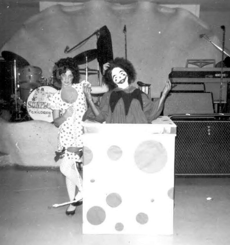 Melanie and Diane Marshall as Raggedy Ann and Jack-In-The-Box on their hell night at the Teen Club.